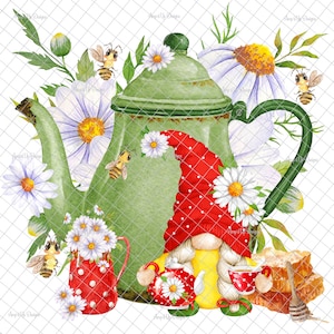 May include: A green teapot with a red and white polka dot gnome holding a red teapot and a red cup. The gnome is surrounded by white daisies and bees.