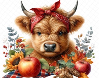 Fall Highland Cow PNG, digital download, sublimation, highland cow, Highland cow fall decal, PNG graphics, tumblers, waterslide images,