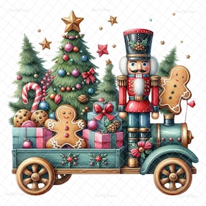 May include: A toy truck decorated for Christmas with a nutcracker, gingerbread man, and a Christmas tree. The truck is green and gold with red wheels. The nutcracker is wearing a red and gold uniform. The gingerbread man is holding a candy cane. The Christmas tree is decorated with baubles and lights.