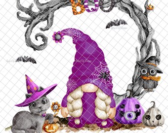 May include: A purple gnome with blonde braids wearing a witch hat with a spider web design. The gnome is standing next to a gray cat wearing a witch hat and holding a pumpkin. The background is a gray tree branch with the word "BOO" in orange, black, and white letters.