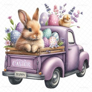 May include: A watercolour illustration of a purple vintage truck filled with Easter eggs, flowers, a brown bunny, and a yellow chick. The truck bed has the word "EASTER" and a "HOPPY" number plate.
