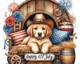 Patriotic puppy PNG, PNG graphics, puppy decal, Sublimation, fireworks, golden retriever download, digital, DTF, waterslide image, tumbler