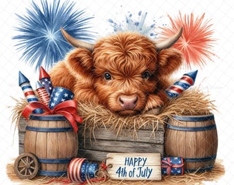 Patriotic cow PNG, PNG graphics, highland cow decal, Sublimation, fireworks, highland cow download, digital, DTF, waterslide image, tumbler
