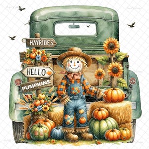 May include: A green vintage truck with a scarecrow standing in the back. The truck has signs that say "Hayrides", "Hello", and "Pumpkins". There are pumpkins and sunflowers in the truck bed.