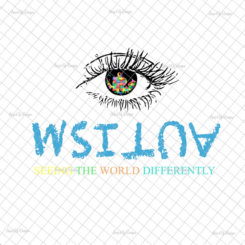 May include: A black and white illustration of an eye with a colorful puzzle piece pattern in the iris. The text "AUTISM" is written in blue letters below the eye, and the phrase "SEEING THE WORLD DIFFERENTLY" is written in colorful letters below the text.