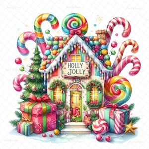 Może przedstawiać: Dom z piernika ozdobiony laskami cukrowymi, lizakami i kolorowymi cukierkami. Dom ma tabliczkę z napisem "Holly Jolly" i jest otoczony prezentami i choinką.
