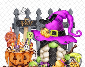 May include: A Halloween gnome wearing a purple witch hat with a black bat on the brim. The gnome is holding a broom and is surrounded by Halloween decorations, including a pumpkin, candy, and a cauldron.