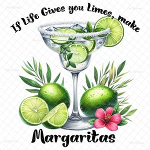 May include: A margarita glass filled with ice, lime wedges, and a sprig of mint. The glass is rimmed with salt and the text "If life gives you limes, make margaritas" is written around the glass.