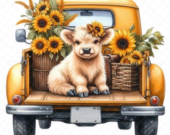 Sunflower truck PNG, vintage truck, cow, PNG graphic, truck decal, sunflowers, highland cow images, waterslide image, summer tumbler graphic