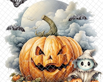 May include: A large orange jack-o'-lantern with a scary face sits in front of a cloudy night sky with a full moon. A small white ghost with a black face stands next to the pumpkin. There are smaller pumpkins in the foreground.