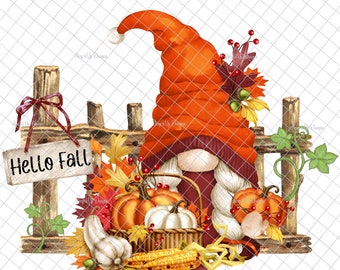 Hello Fall gnome PNG, PNG graphic, digital,fall gnomes, gnome decal, sublimation, gnome images, autumn tumblers, waterslide images, tumblers