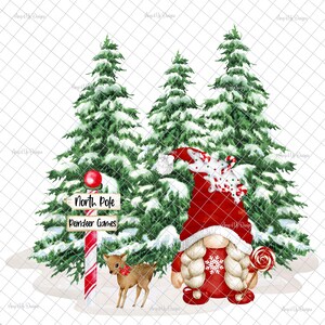 May include: A watercolor illustration of a gnome standing in front of a sign that reads "North Pole Reindeer Games". The gnome is wearing a red hat with white trim and a red sweater with a snowflake design. The gnome is holding a lollipop in one hand and a candy cane in the other. A small deer is standing next to the gnome. The background is a snowy forest with pine trees.