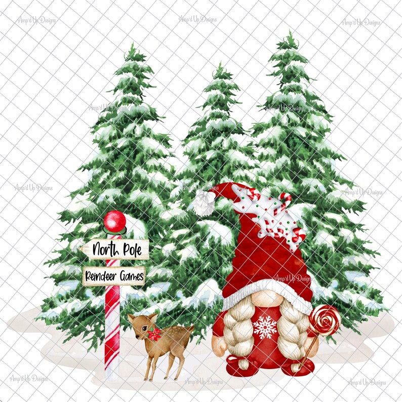 May include: A watercolor illustration of a gnome standing in front of a sign that reads "North Pole Reindeer Games". The gnome is wearing a red hat with white trim and a red sweater with a snowflake design. The gnome is holding a lollipop in one hand and a candy cane in the other. A small deer is standing next to the gnome. The background is a snowy forest with pine trees.