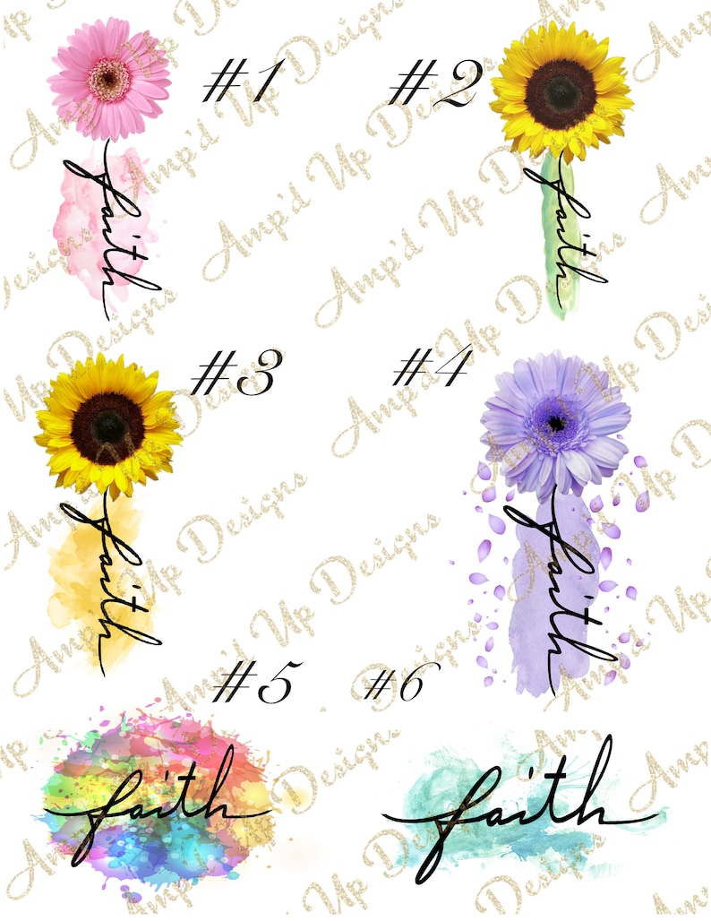 Puede incluir: Seis dise&ntilde;os digitales con un fondo de acuarela con la palabra "fe" escrita en cursiva. Los dise&ntilde;os incluyen una margarita rosa, un girasol amarillo, una margarita morada y dise&ntilde;os de acuarela abstractos en tonos de azul, verde, rosa y amarillo.