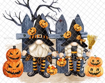May include: Two gnomes dressed in black and white striped stockings and witch hats stand in front of a blue wooden fence. They are holding candy buckets and pumpkins. The gnomes are surrounded by pumpkins and a sign that says "BOO".