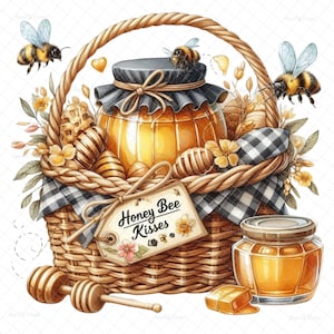 May include: A wicker basket filled with honey jars, honeycomb, and flowers. The basket has a checkered cloth lining and a tag that reads "Honey Bee Kisses".