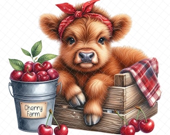 Cherry farms truck PNG, highland cow, Sublimation, digital, cherry bucket , cherry cow, DTF images, waterslide images, tumbler graphics