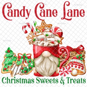Candy cane lane PNG, digital download, Christmas gnome, Sublimation, Candy cane gnome, Christmas treats, Waterslide images, digital graphic