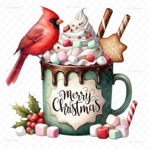 May include: A green mug with a white label that says "Merry Christmas" is filled with whipped cream, marshmallows, and candy canes. A red cardinal bird is perched on the rim of the mug.