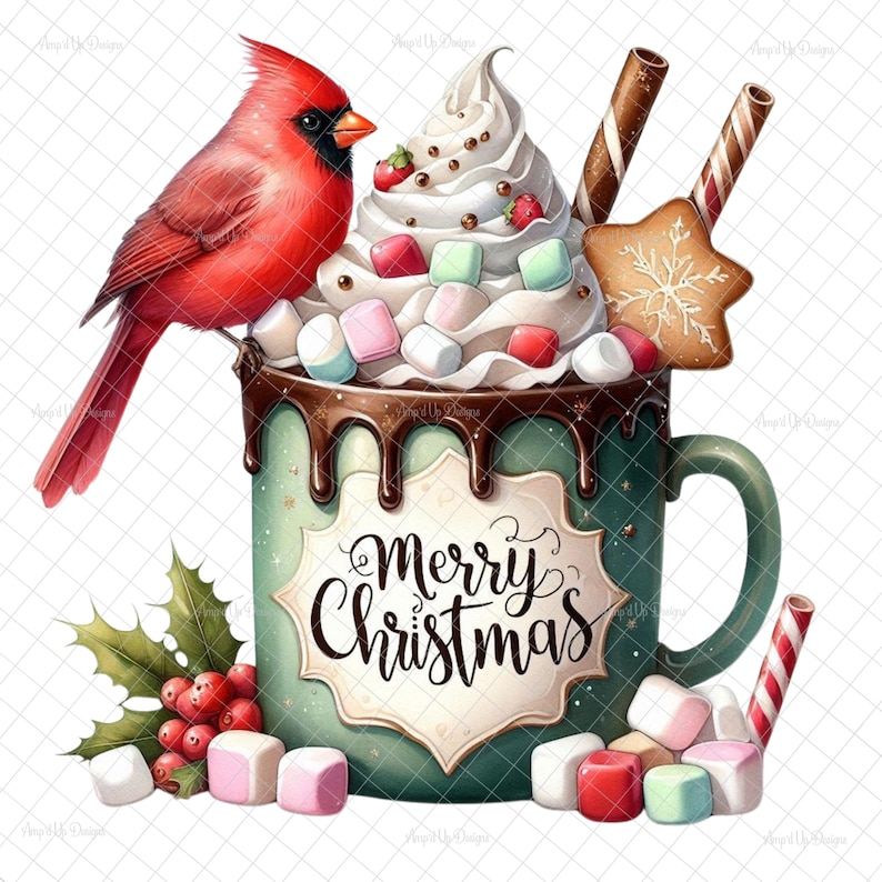 May include: A green mug with a white label that says "Merry Christmas" is filled with whipped cream, marshmallows, and candy canes. A red cardinal bird is perched on the rim of the mug.