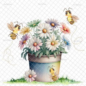 May include: A blue flower pot with a variety of colorful flowers and three bees. The bees are yellow and black with brown wings. The pot is sitting on a bed of green grass.