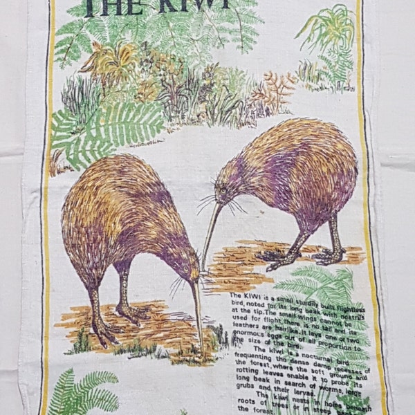 Used Vintage Linen Tea Towel - New Zealand's Flightless Bird The Kiwi