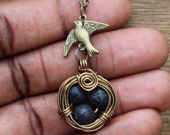 Bird's Nest Diffuser Necklace: Black Lava Beads, Aromatherapy Jewelry