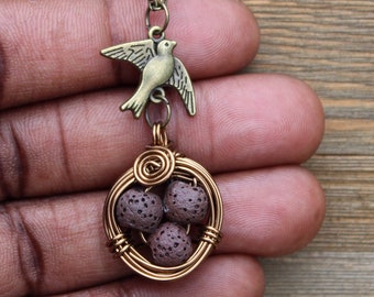 Bird's Nest Diffuser Necklace: Brown Lava Beads, Aromatherapy Jewelry
