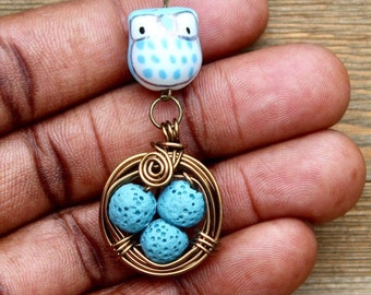Collar de aromaterapia de búho turquesa: Difusor de nido de pájaro con cuentas de lava