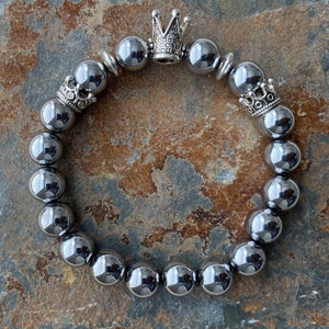 Silver Crown Hematite Bracelet, Beaded Bracelet Men, Men&#39;s Bracelet, Good Vibes Bracelet, Gift for Him, Boyfriend Gift.