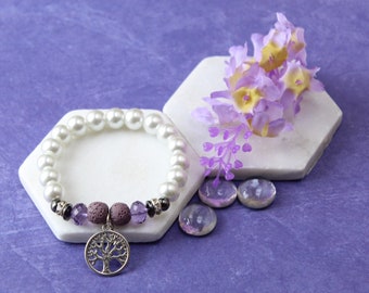 Pulsera Árbol de la Vida: Piedra de lava morada, perla y difusor de aceites esenciales