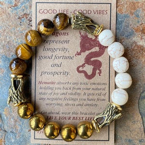 Bronze Dragon, Brown Tiger&#39;s Eye, Beige Stone, Gold Hematite, Viking Bracelet, Beaded Bracelet Men, Boyfriend Gift, Father’s Day Gift.