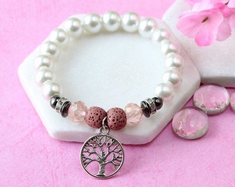 Bracciale Albero della Vita: Pietra Lavica Rosa, Diffusore di Oli Essenziali in Perla