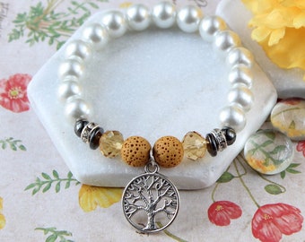 Baum des Lebens Armband: Gelber Lavastein & Perle ätherisches Öl Diffusor