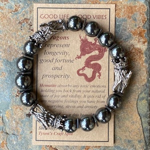 Black Triple Dragon, Grey Hematite Bracelet, Viking Bracelet, Beaded Bracelet Men, Gift for Him, Boyfriend Gift, Father’s Day Gift.