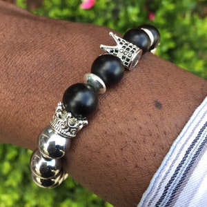 Silver Hematite Crown Bracelet with Black Onyx, Men&#39;s Bracelet, Beaded Bracelet Men, Good Vibes bracelet, Gift for Him, Boyfriend Gift.