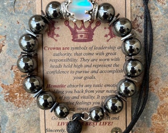 Clear Moonstone Bracelet, Crown Bracelet, Hematite Bracelet, Adjustable Bracelet, Gift for Him, Boyfriend Gift, One Size Fit Most.