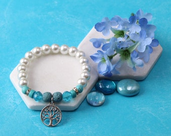 Tree of Life Bracelet: Turquoise, Lava Rock & Pearl Essential Oil Diffuser