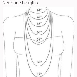 May include: A diagram showing different necklace lengths from 14 inches to 33 inches.