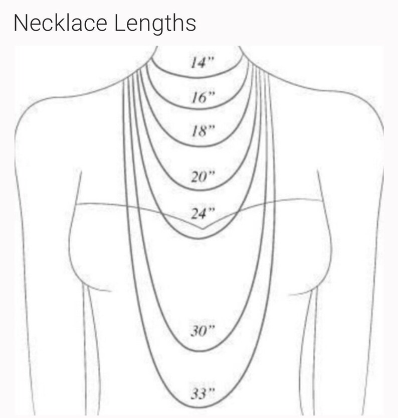 May include: A diagram showing different necklace lengths from 14 inches to 33 inches.