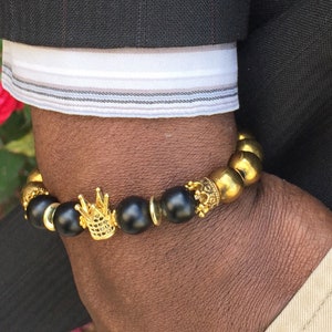 Gold Crown Bracelet: Black Onyx & Hematite Beaded Bracelet for Men