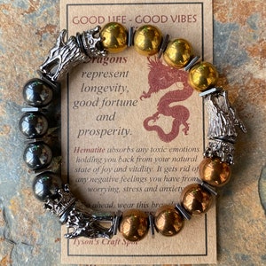 Black Triple Dragon, Gold/Copper/Grey Hematite Bracelet, Viking Bracelet, Nordic Bracelet, Beaded Bracelet Men, Gift for Him.