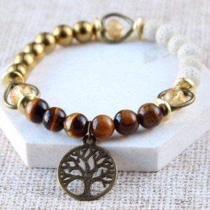 Triple Heart Tree of Life Stretchy Bracelet with Lava Beads, Tiger&#39;s Eye and Hematite, Gift for Her, Healing Bracelet.