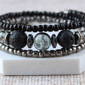 Black Silver Diffuser Wrap Bracelet, Black Lava Stone Bracelet, Wrap Bracelet, Lava Bead Bracelet, Lava Stone Bracelet. One size Fits Most.