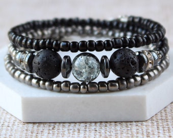 Schwarzer Lavastein Diffusor Wickelarmband: Metallic Rocailles