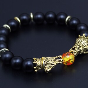 Gold Dragon Viking Bracelet, Black Onyx Bracelet, Viking Bracelet, Nordic Bracelet, Stretchy Beaded Bracelet, Gift for Him, Boyfriend Gift.
