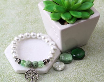 Tree of Life Bracelet: Green Lava Rock, White Glass Pearl, Essential Oil Diffuser