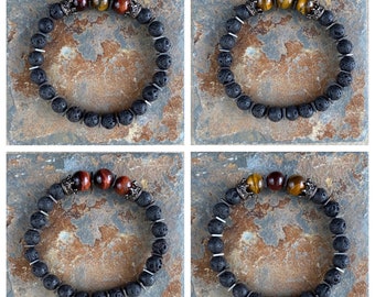Lava Stone Bracelet: Tiger's Eye, Hematite, Crown Accents