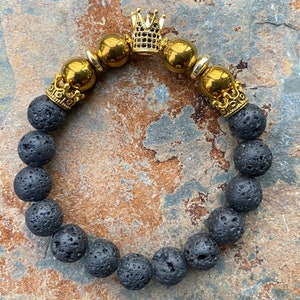 King Crown Bracelet,  Lava Bracelet, Men&#39;s Bracelet, Beaded Bracelet Men, Gift for Him, Boyfriend Gift, Father&#39;s Day Gift.