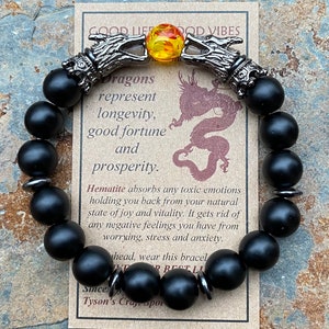Black Onyx Dragon Bracelet, Viking Bracelet, Nordic Bracelet, Stretchy Beaded Bracelet for Men, Gift for Him, Boyfriend Gift.